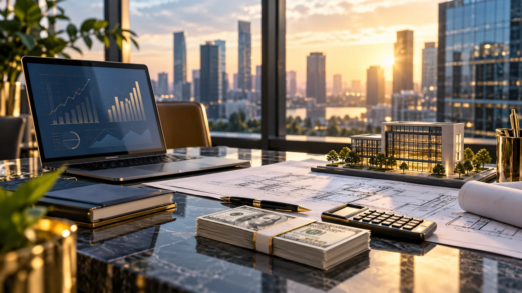 Illustrative business workspace with planning materials and cash